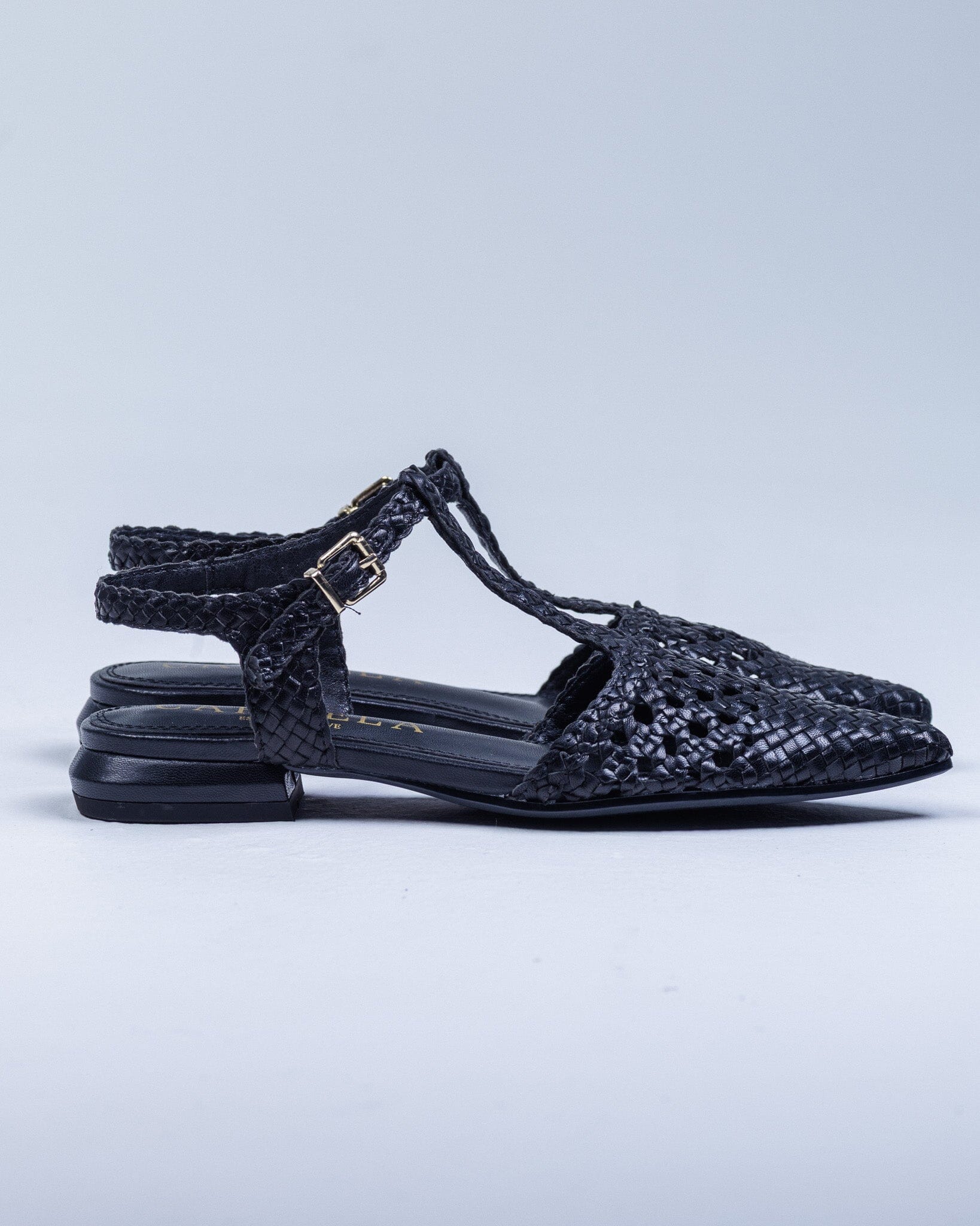 163132 Spanish Leather T bar woven flat shoes Black and Gold (New) ladies shoes Sam Star shoes 