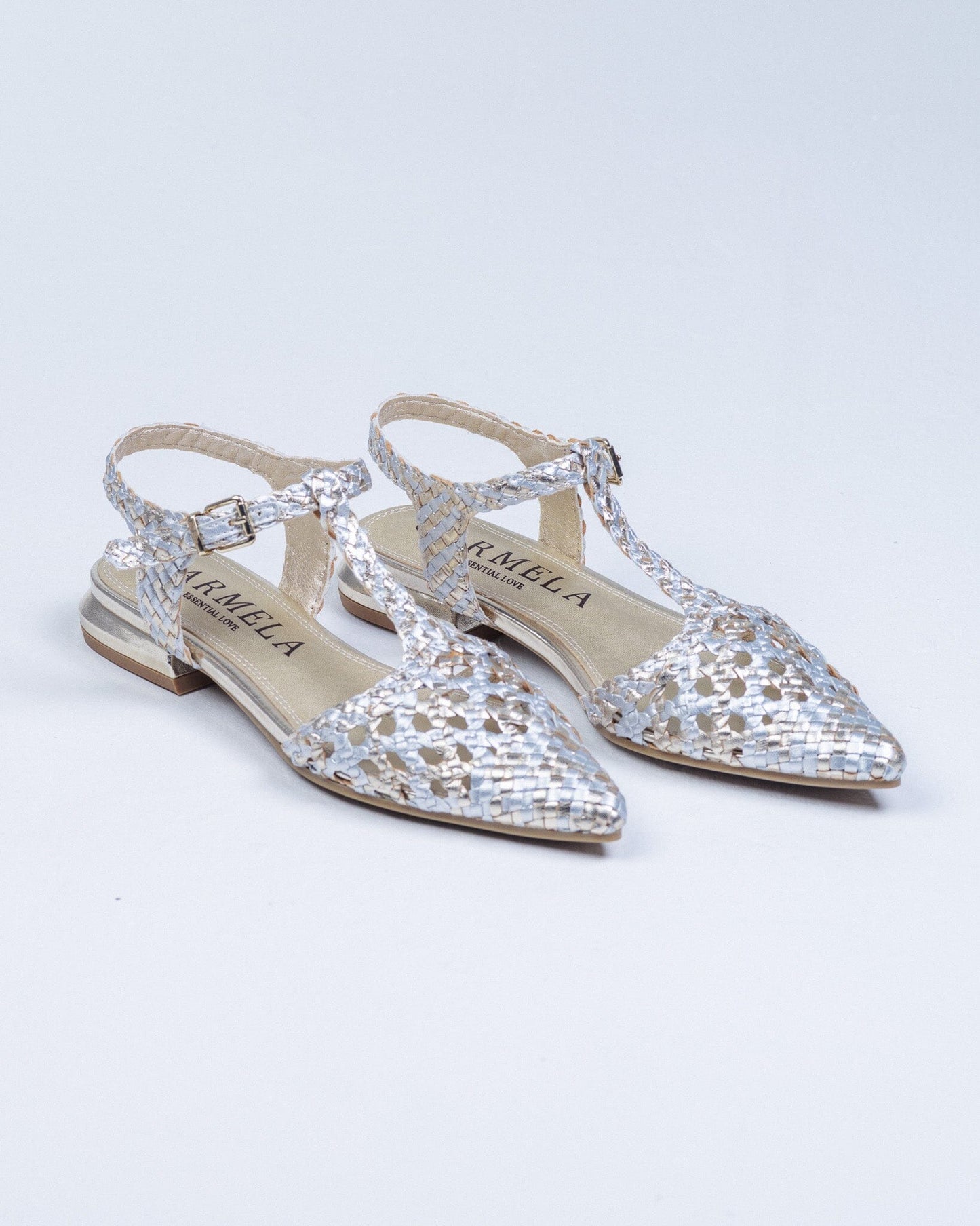 163132 Spanish Leather T bar woven flat shoes Black and Gold (New) ladies shoes Sam Star shoes 
