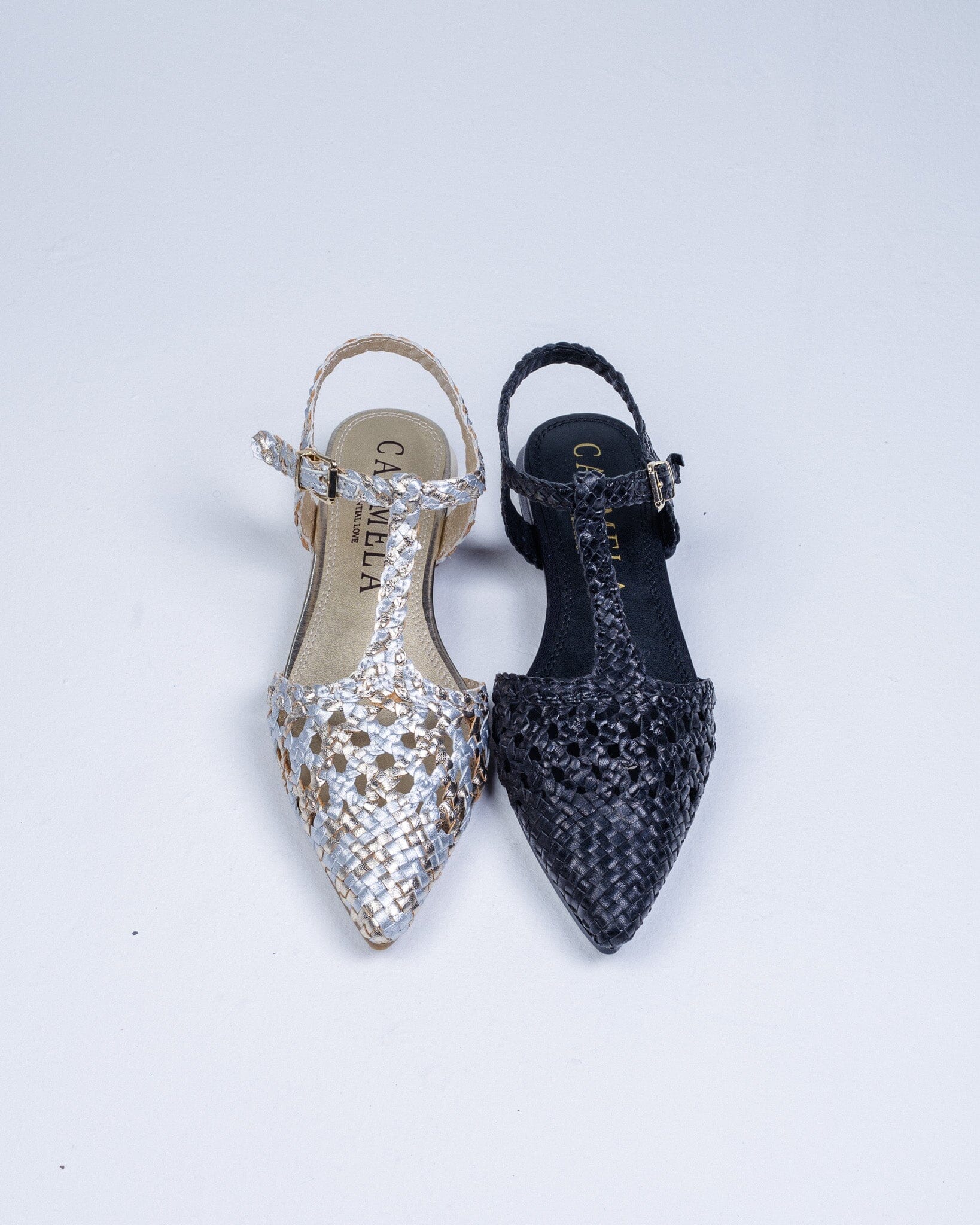 163132 Spanish Leather T bar woven flat shoes Black and Gold (New) ladies shoes Sam Star shoes 