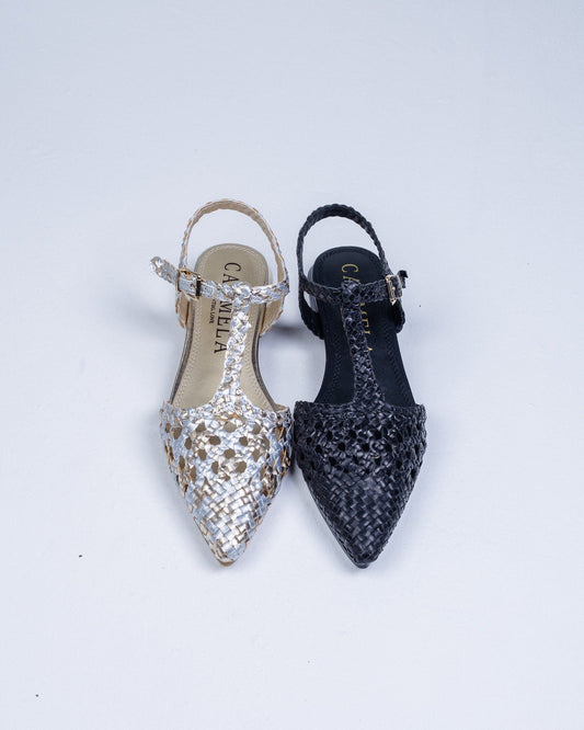 163132 Spanish Leather T bar woven flat shoes Black and Gold (New) ladies shoes Sam Star shoes 