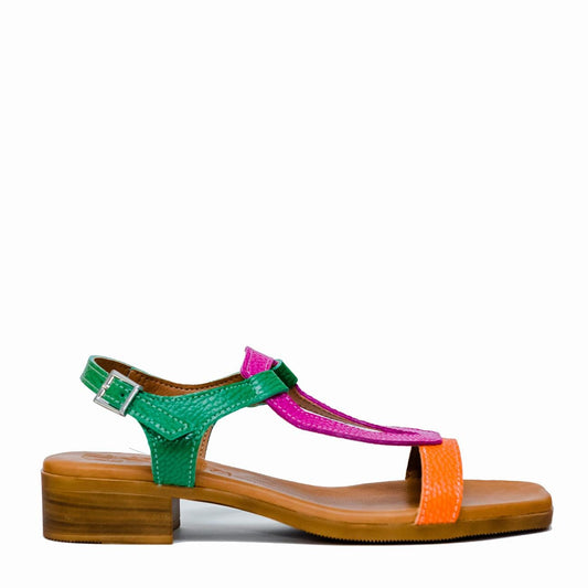 5168 Spanish leather multi colour flat sandals with cushion inside in PInk.Green.Orange sandals Sam Star Shoes Pink/Orange/Green 38/5 