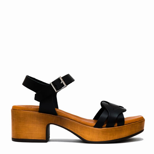 5240 Spanish leather crossed strappy sandals in block heel in Black sandals Sam Star Shoes 