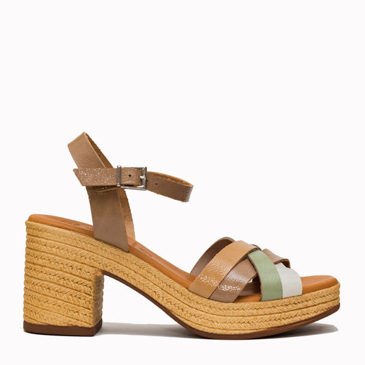 5469 Spanish leather crossed strappy sandals in block heel in Tan sandals Sam Star Shoes 