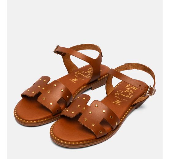 5577 Spanish leather sandals with studs detail in tan and black sandals Sam Star Shoes 