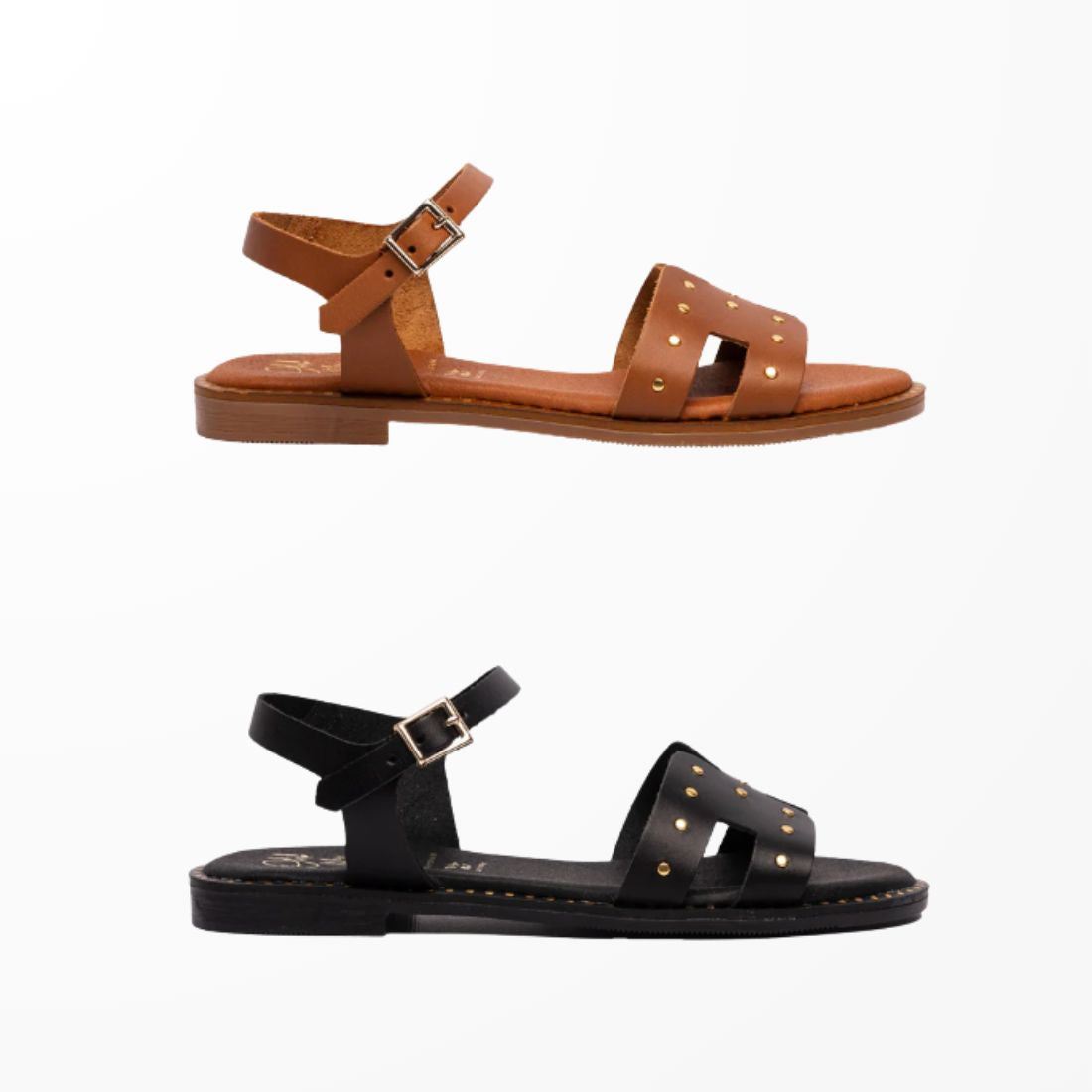 5577 Spanish leather sandals with studs detail in tan and black sandals Sam Star Shoes 