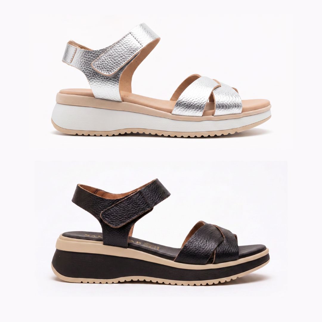 5944 Spanish leather Sport delux wedge with velcro in silver and black (New) sandals Sam Star Shoes 