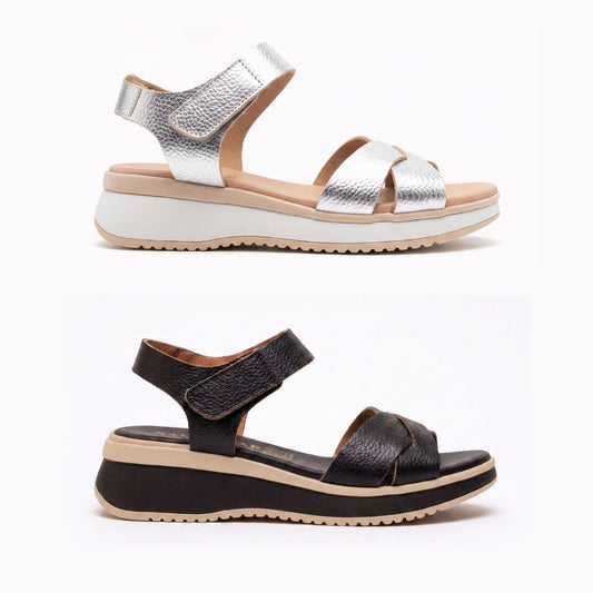 5944 Spanish leather Sport delux wedge with velcro in silver and black (New) sandals Sam Star Shoes 