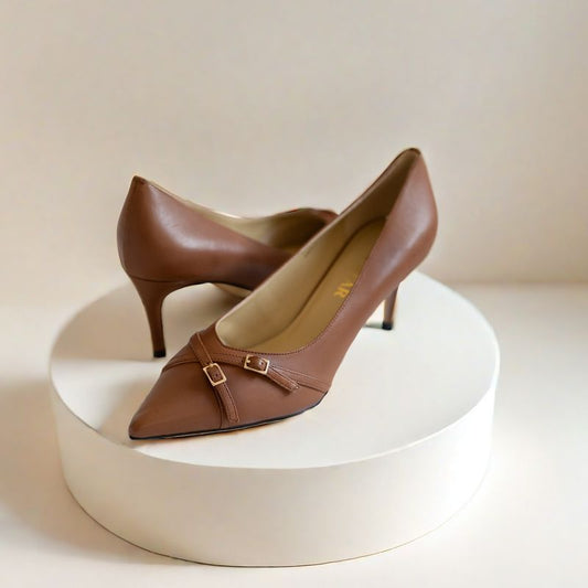 SS24005 Leather court shoes with small buckles in Black and Tan ladies shoes Sam Star shoes 