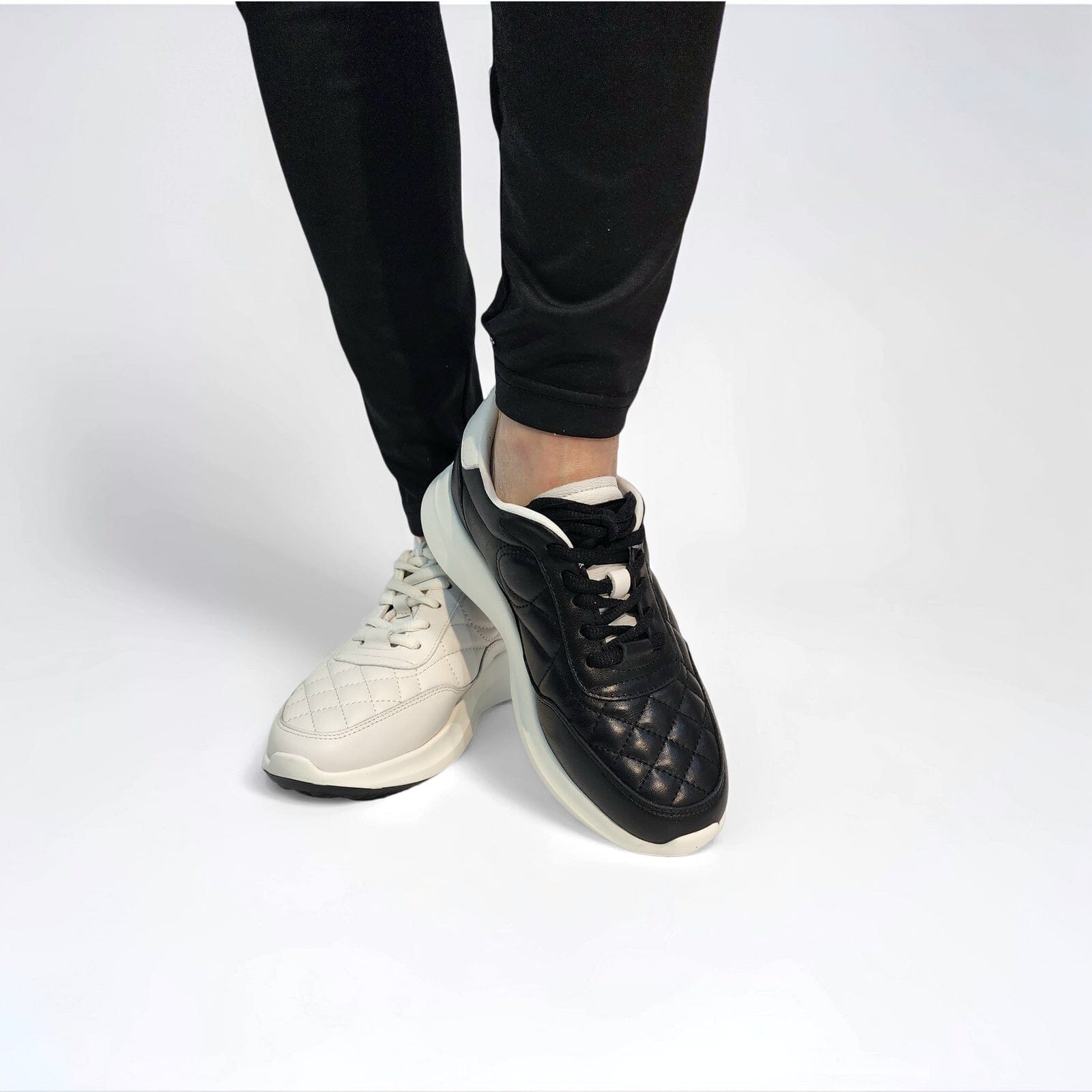 SS25003 Leather sneakers with quilted detail & cushion sole in Black & White sneakers Sam Star shoes 