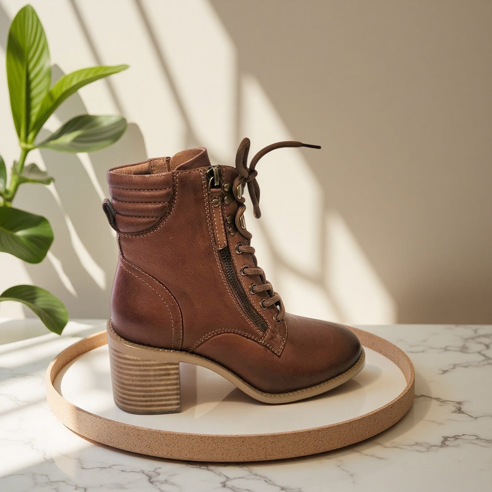 SS26010 Leather block heel boots with lace up in Tan and black ( NEW ) Boots Sam Star shoes 