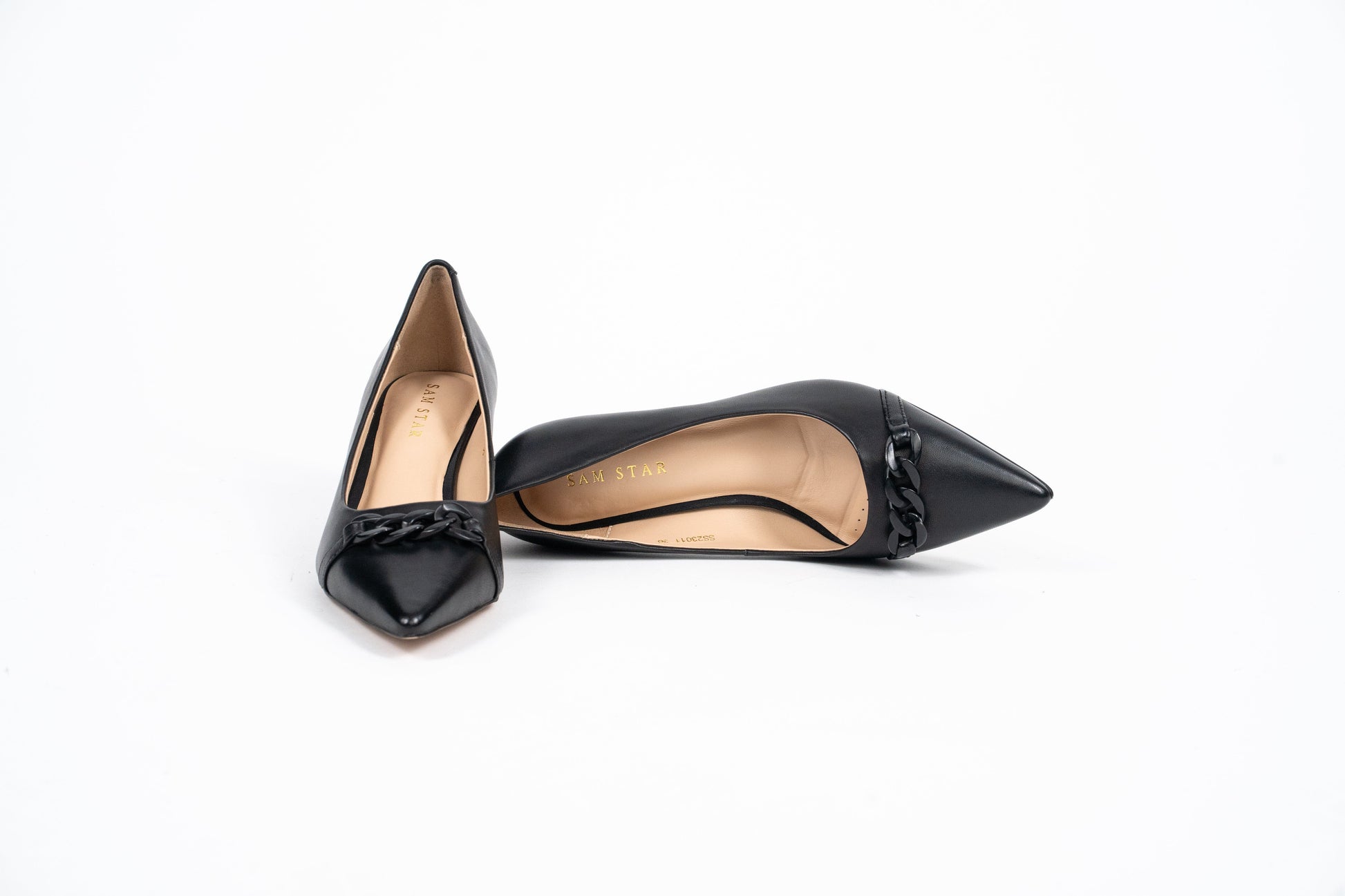 SS23011 Leather court shoes with chain detail - Black (New Arrival) ladies shoes Sam Star shoes Black 38/5 