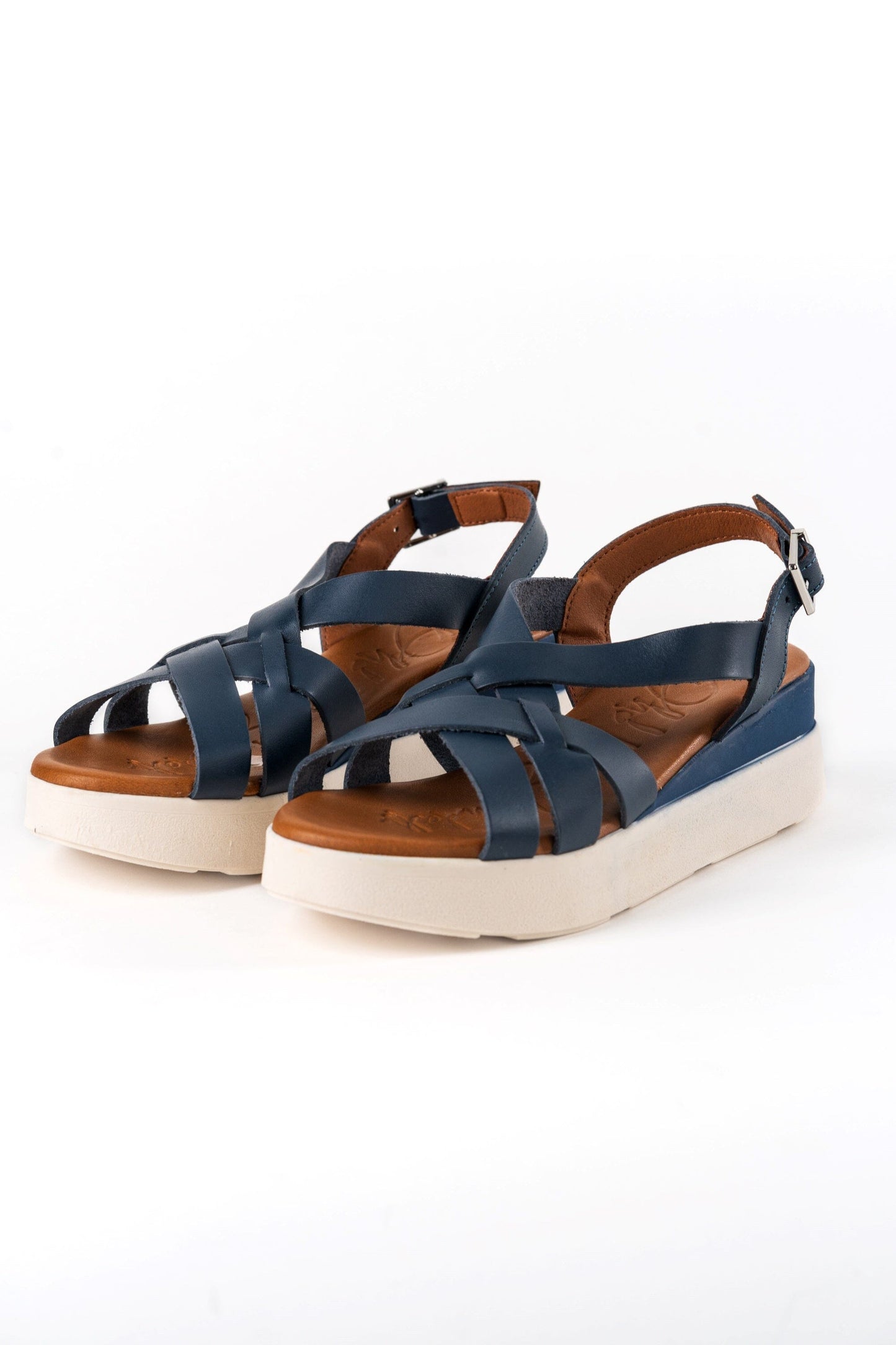 5188 Spanish leather crossed strappy sandals/wedge in Tan and Navy sandals Sam Star Shoes Navy 38/5 
