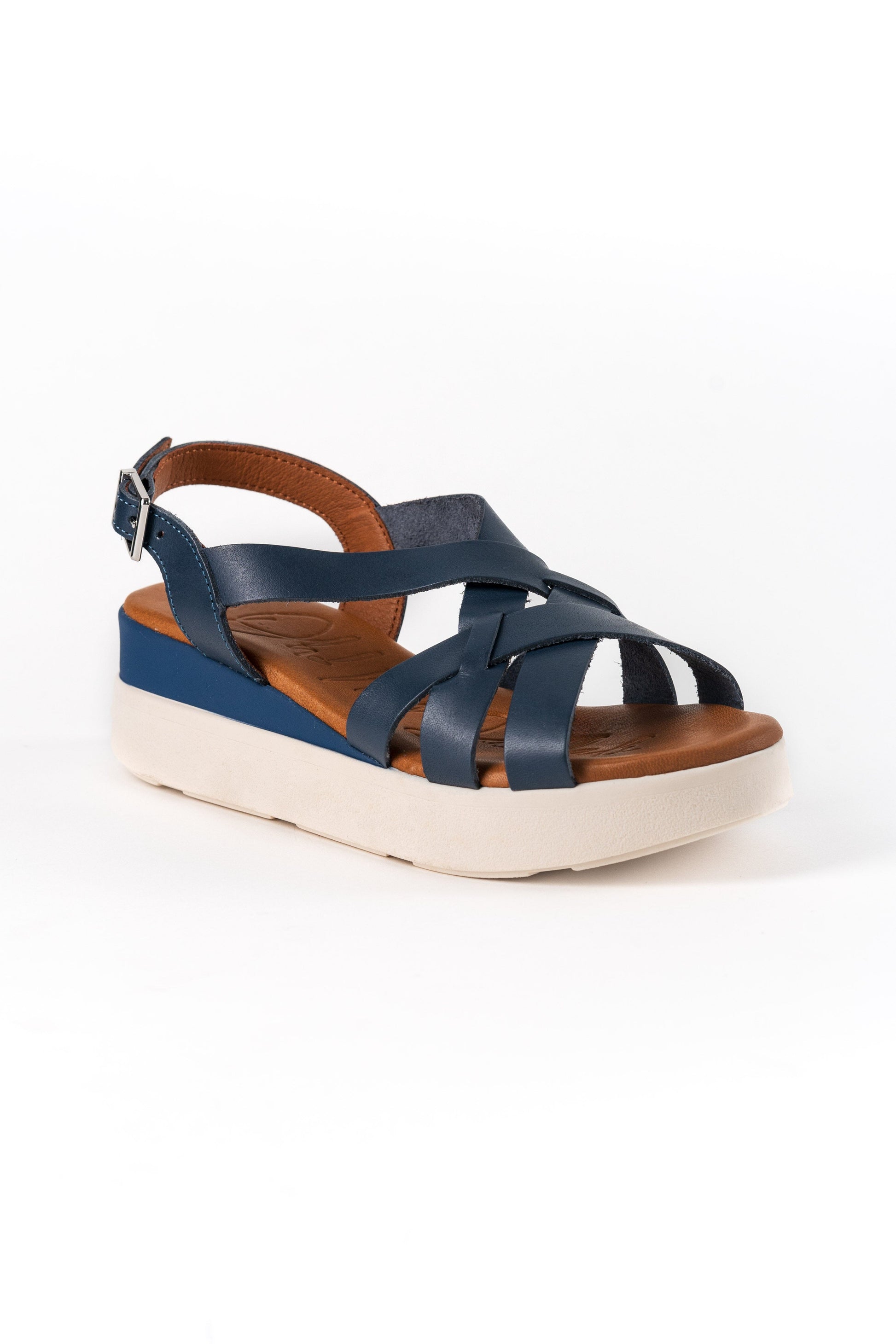5188 Spanish leather crossed strappy sandals/wedge in Tan and Navy sandals Sam Star Shoes Navy 37/4 