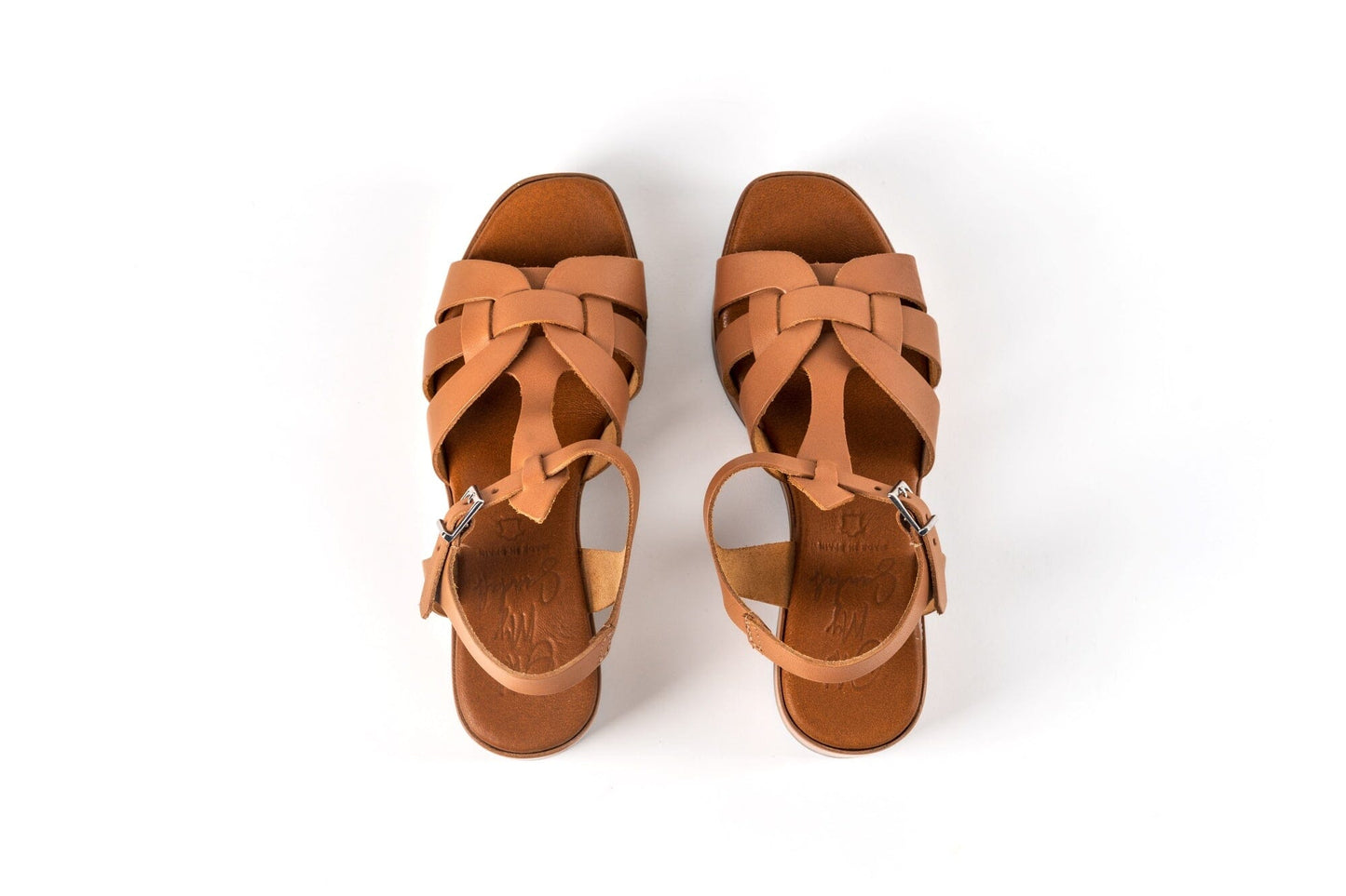 5241 Spanish leather crossed strappy sandals in block heel in Tan sandals Sam Star Shoes 