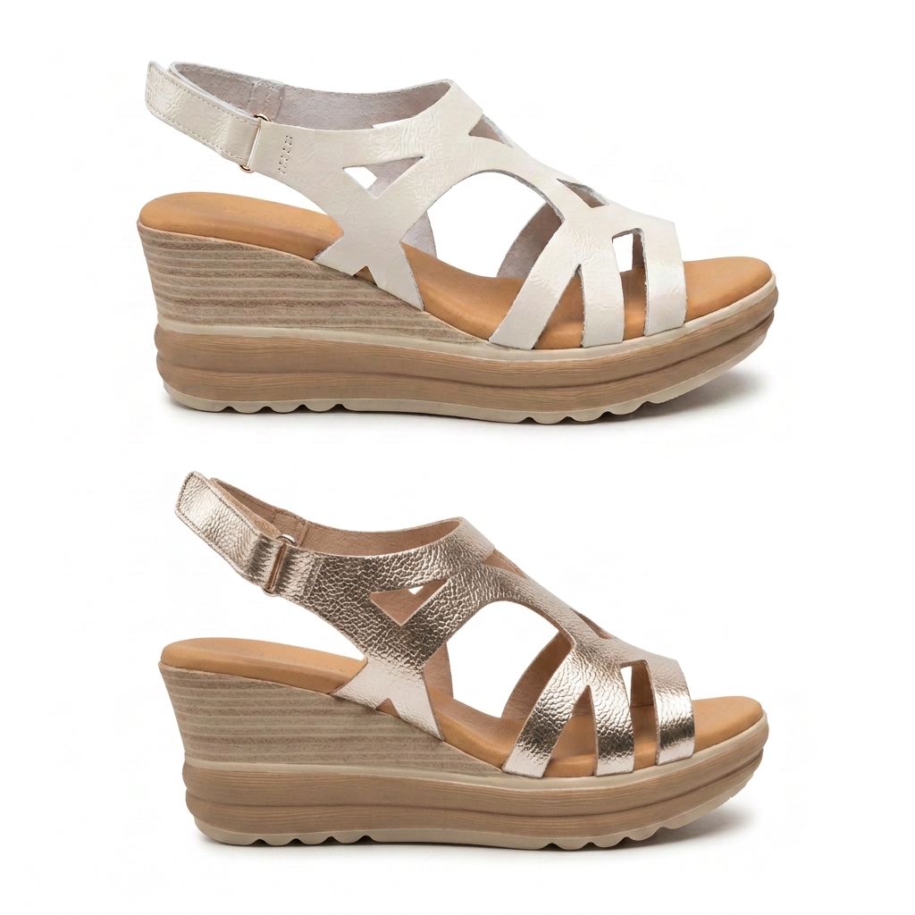 5992 Spanish laser cut leather wedge with cushion inside in champaign & white (New) sandals Sam Star Shoes 