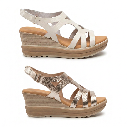5992 Spanish laser cut leather wedge with cushion inside in champaign & white (New)