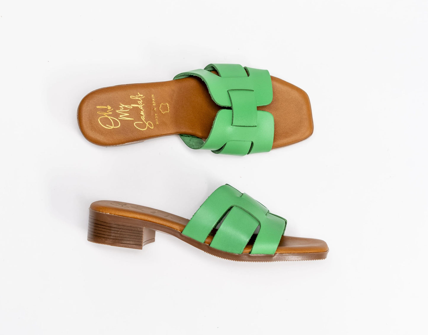 5343 Spanish leather flat sandals with cushioned sole slider Gold and Green sandals Sam Star Shoes 