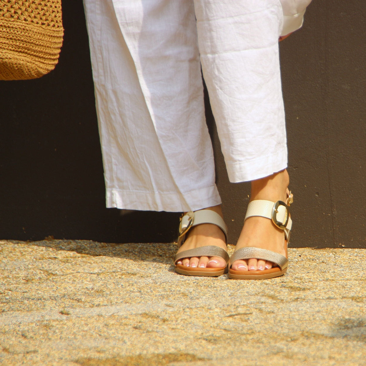 5894 Spanish leather sandals with gold buckle in multi colour and white (New) sandals Sam Star Shoes 