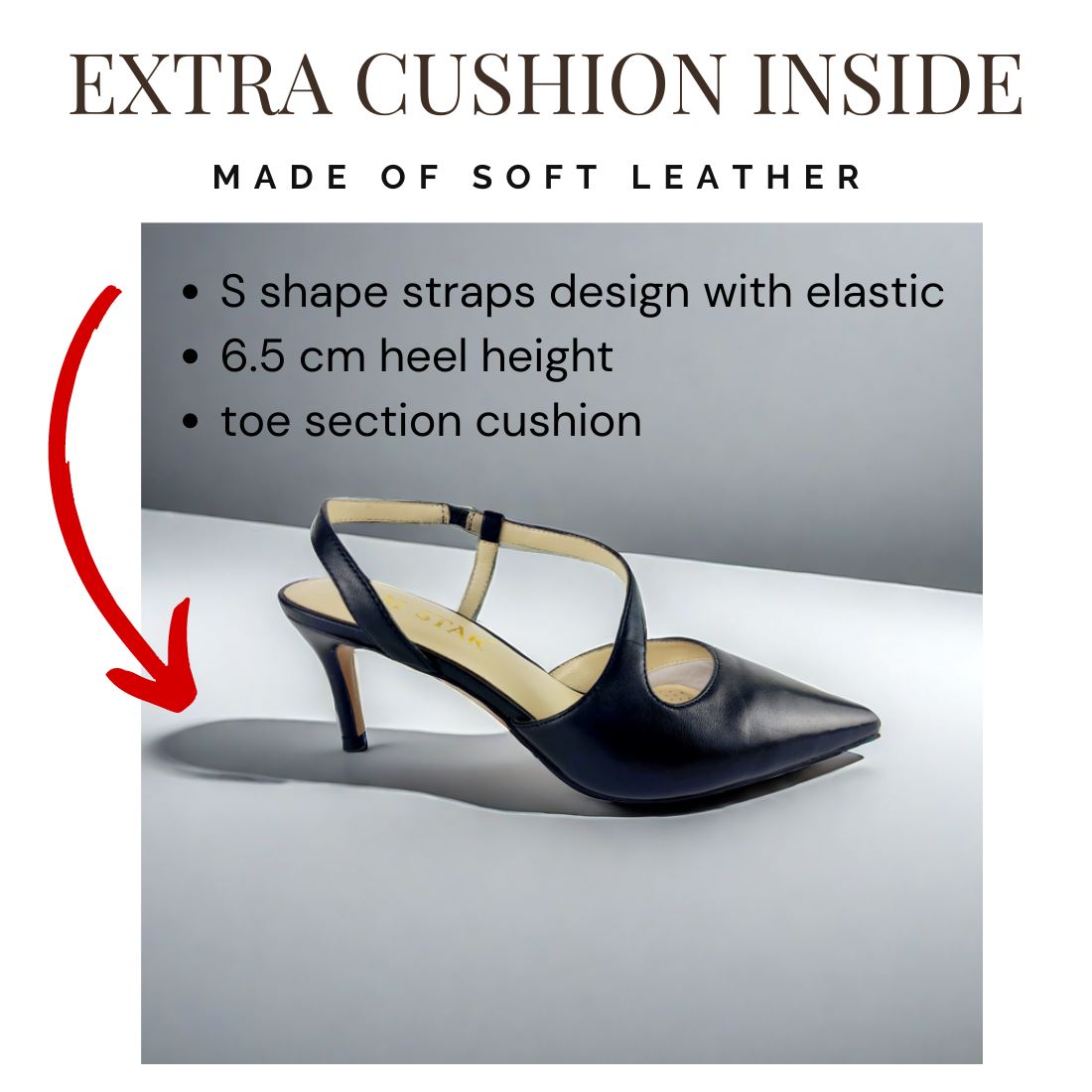 SS24004 Leather court shoes in sling back heel in Black and silver ladies shoes Sam Star shoes 