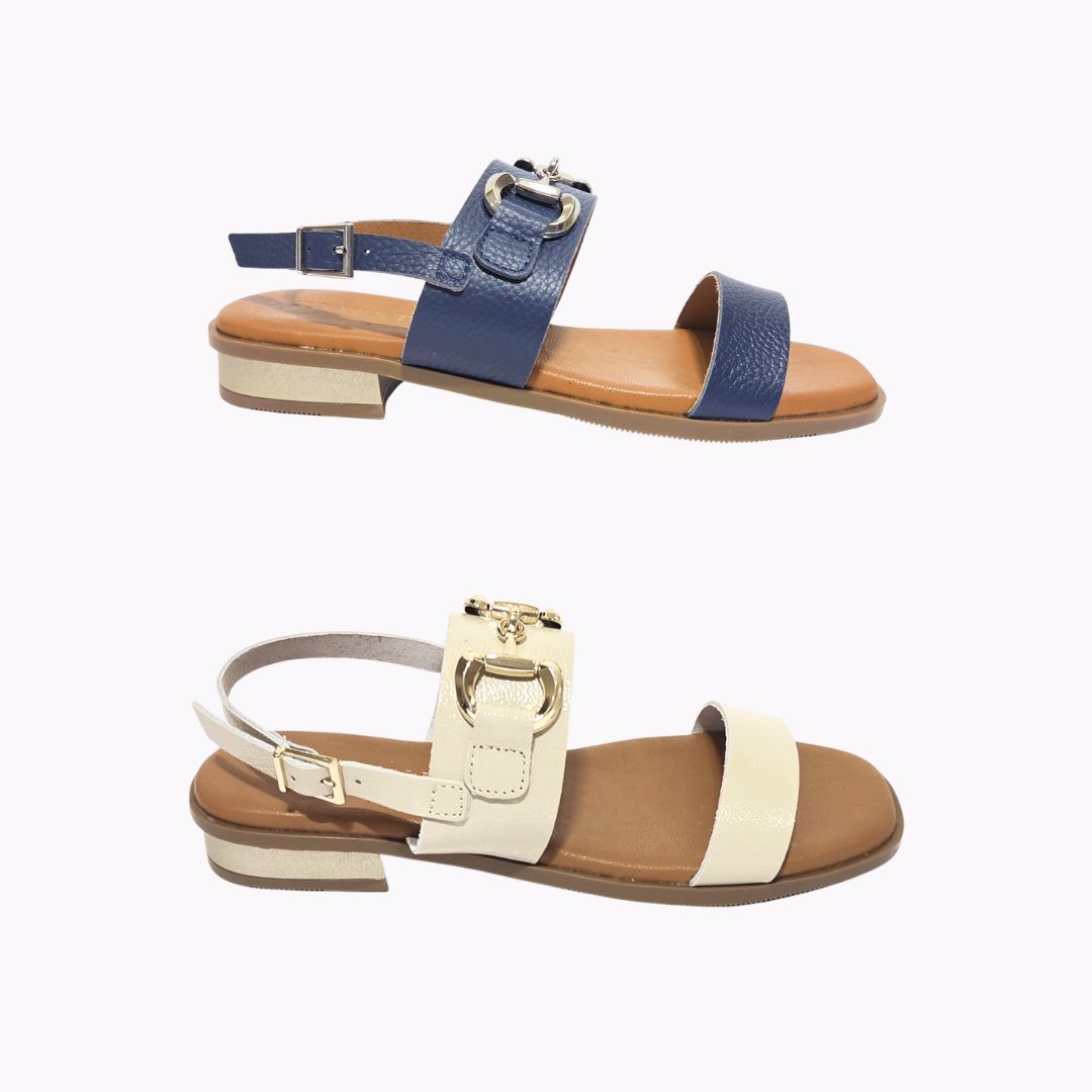 5873 Spanish leather sandals with gold buckle in Navy and white (New) sandals Sam Star Shoes 