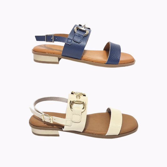 5873 Spanish leather sandals with gold buckle in Navy and white (New) sandals Sam Star Shoes 