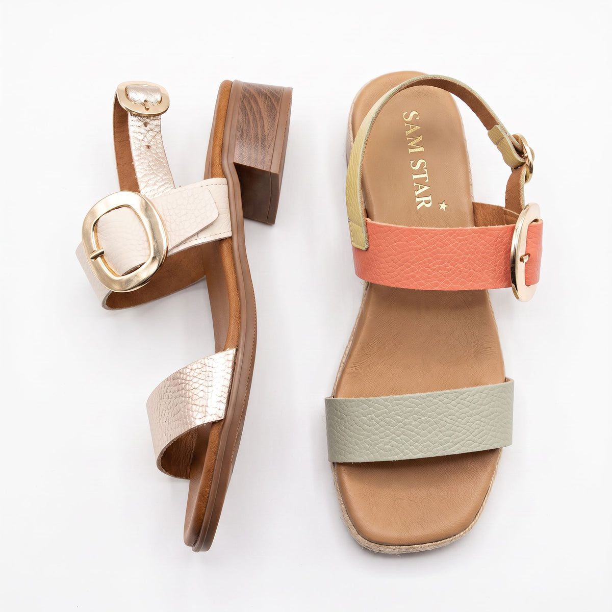 5894 Spanish leather sandals with gold buckle in multi colour and white (New) sandals Sam Star Shoes 