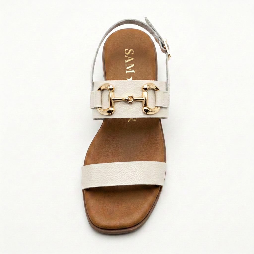 5873 Spanish leather sandals with gold buckle in Navy and white (New) sandals Sam Star Shoes 