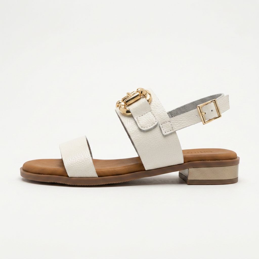 5873 Spanish leather sandals with gold buckle in Navy and white (New) sandals Sam Star Shoes 