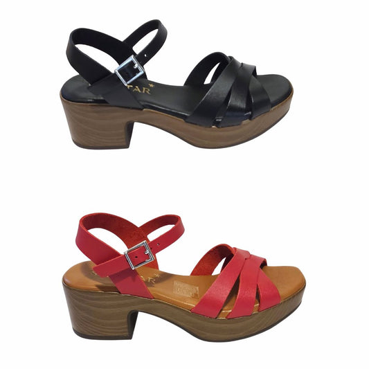 5923 Spanish leather strappy sandals with block heel in Red and Black (New) sandals Sam Star Shoes 