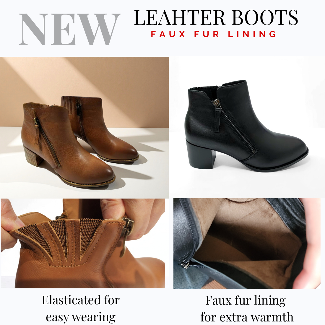 SS25005 Leather boots with zip detail with extra cushions in Black and Brown