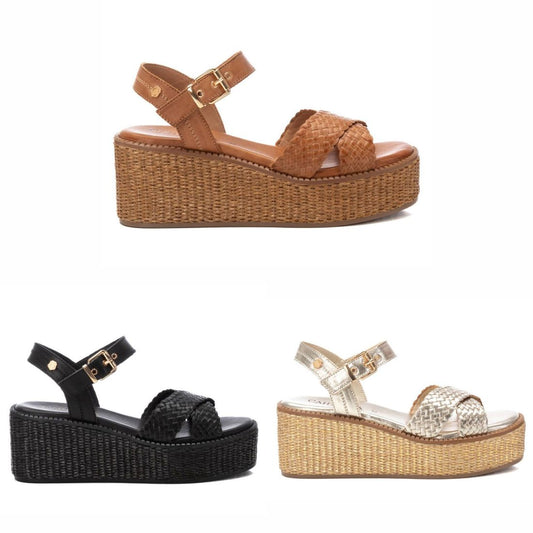 162361 Spanish leather woven sandals/wedge in Black, Tan and Gold sandals Sam Star Shoes 