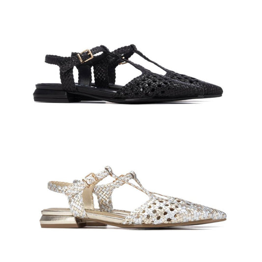 163132 Spanish Leather T bar woven flat shoes Black and Gold (New) ladies shoes Sam Star shoes 