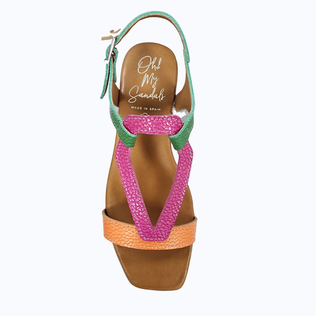 5168 Spanish leather multi colour flat sandals with cushion inside in PInk.Green.Orange sandals Sam Star Shoes Pink/Orange/Green 36/3 