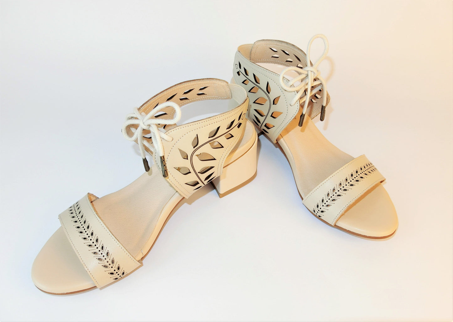 SS21002 Leather laser cut block heel sandals in Tan and Beige sandals Sam Star Shoes Beige 41 (8) 