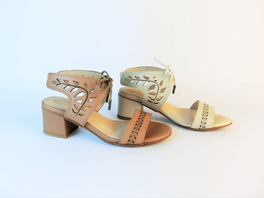 SS21002 Leather laser cut block heel sandals in Tan and Beige sandals Sam Star Shoes 