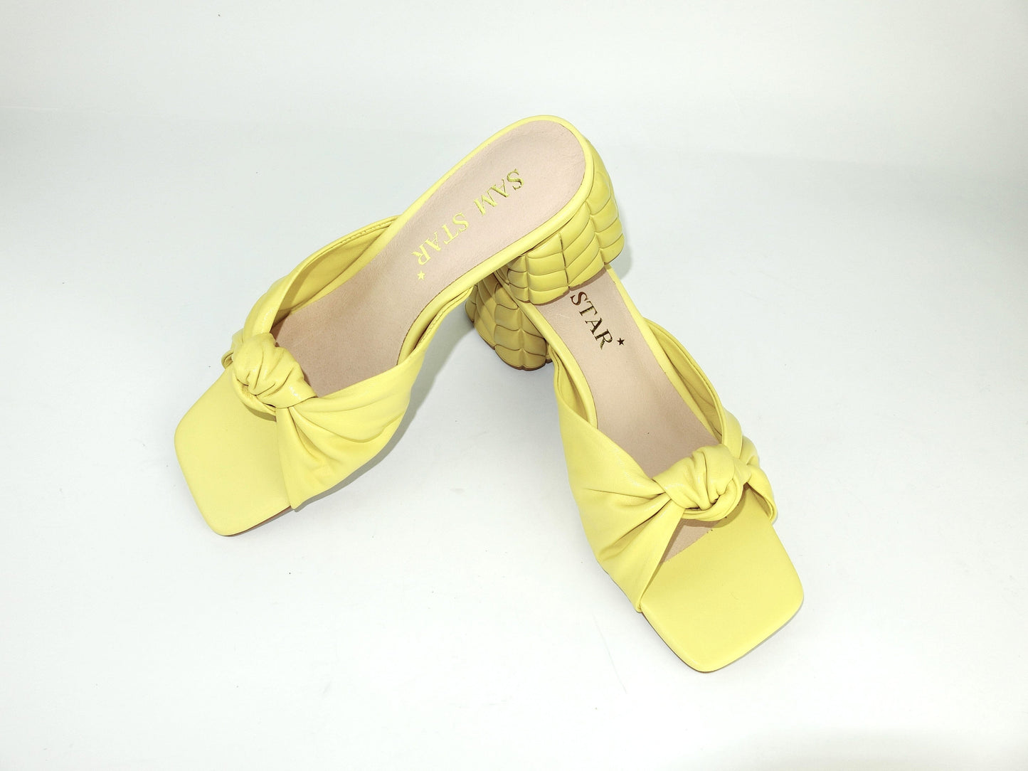 SS22014 Genuine leather bow tie block heel sandals in Yellow sandals Sam Star Shoes Yellow 38/5 