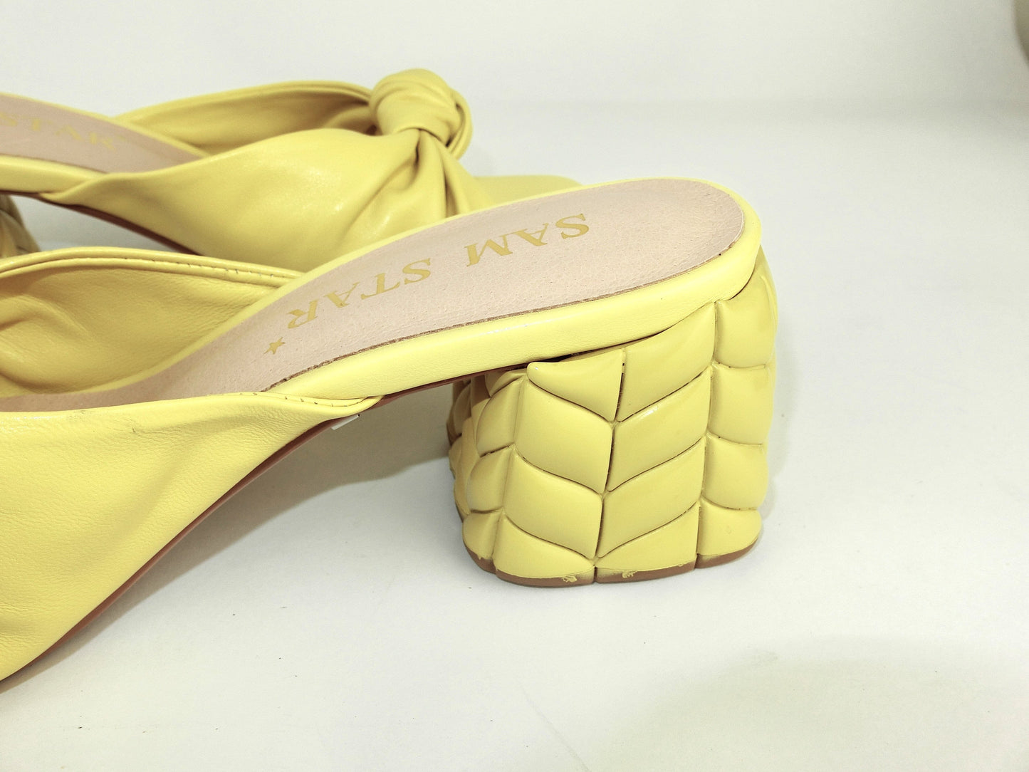 SS22014 Genuine leather bow tie block heel sandals in Yellow sandals Sam Star Shoes 