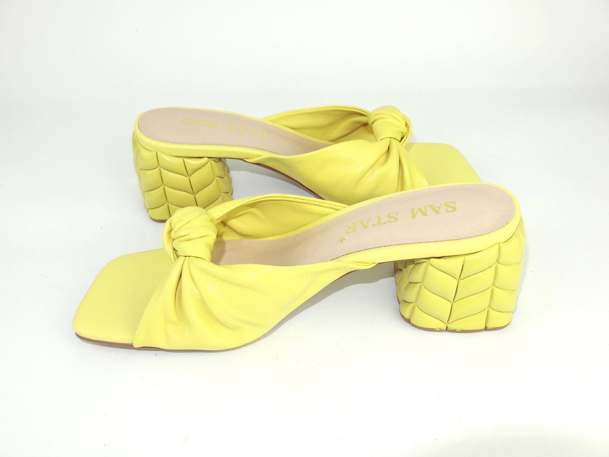 SS22014 Genuine leather bow tie block heel sandals in Yellow sandals Sam Star Shoes 