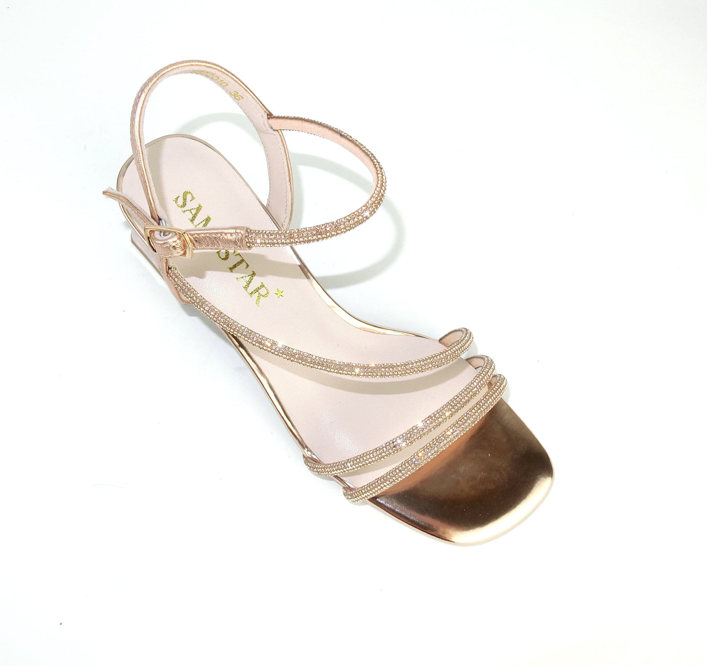 SS22010 Leather strappy rhinestone-embellished block heel sandals in Rosegold sandals Sam Star Shoes 