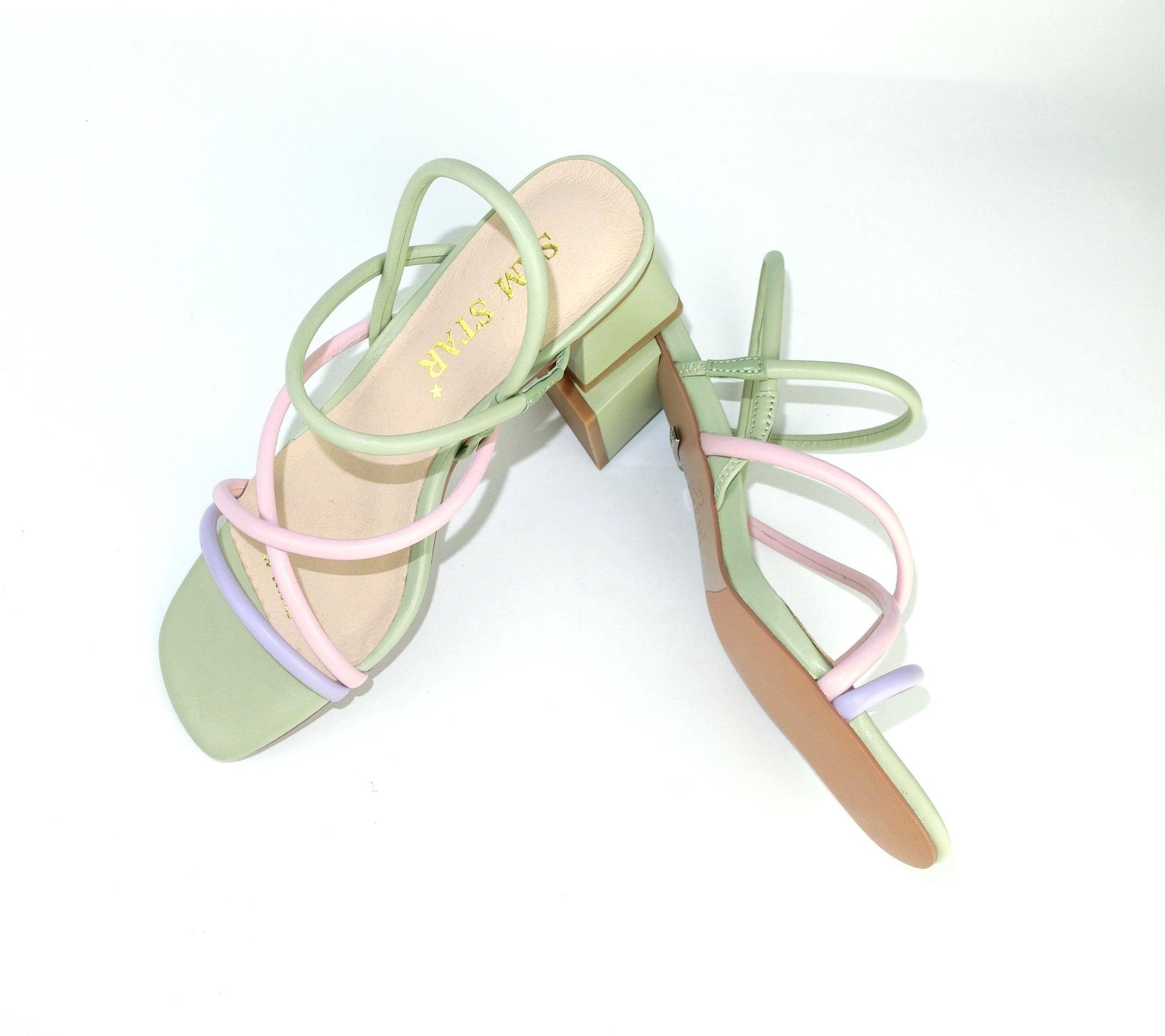 SS22007 Genuine leather strappy block heel sandals in mint, pink and lilac sandals Sam Star Shoes 