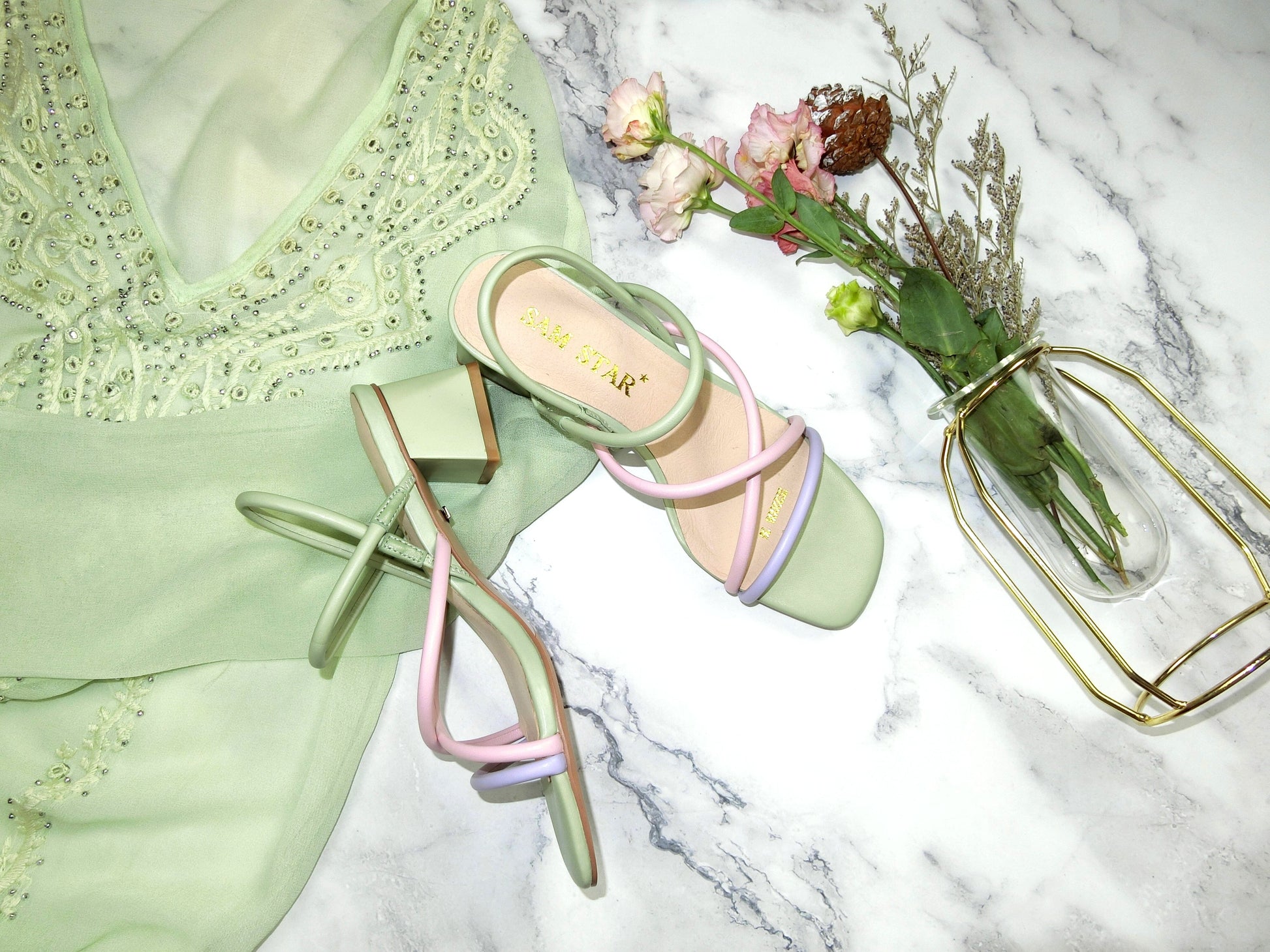SS22007 Genuine leather strappy block heel sandals in mint, pink and lilac sandals Sam Star Shoes Mint.PInk.Lilac 38/5 