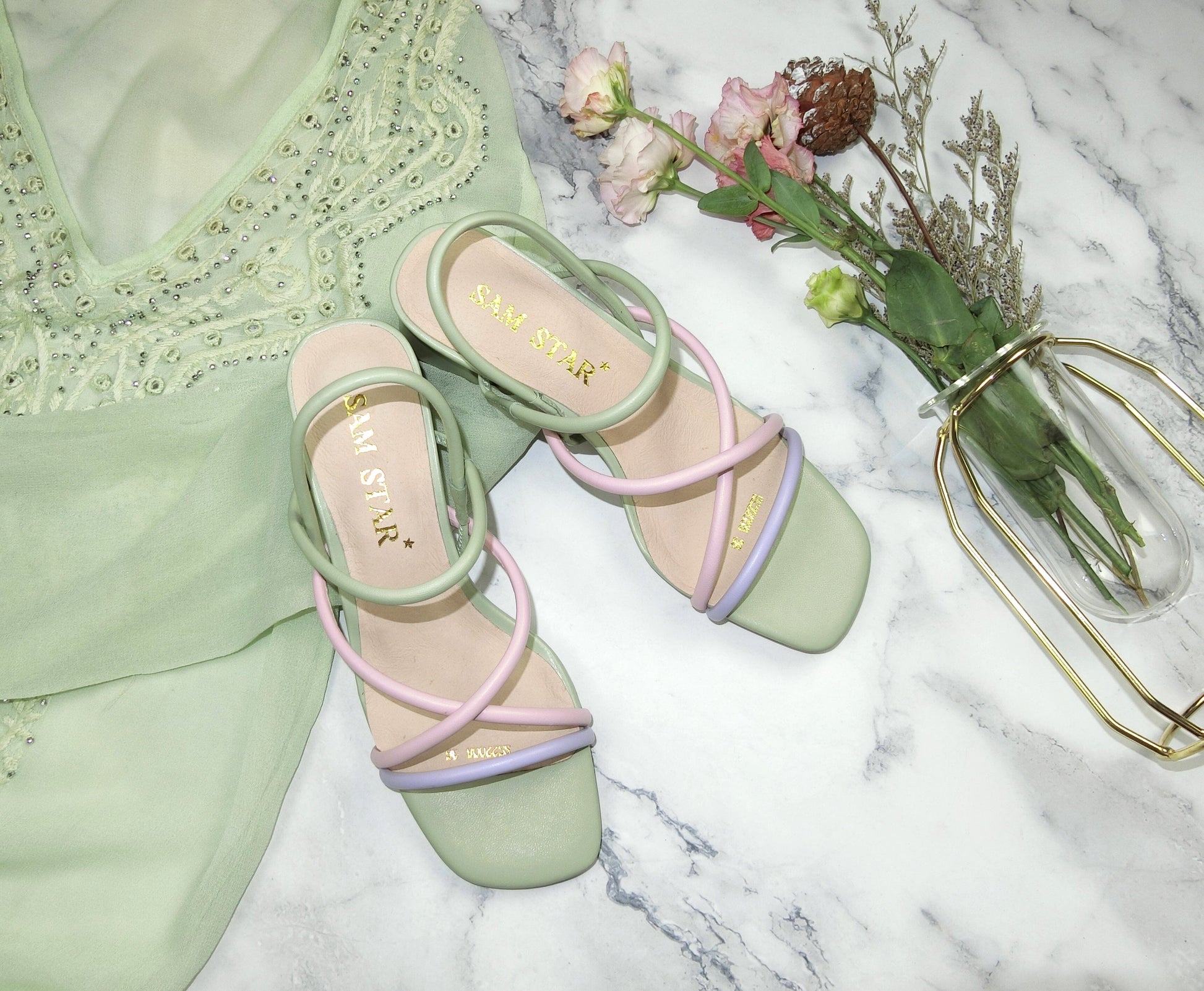 SS22007 Genuine leather strappy block heel sandals in mint, pink and lilac sandals Sam Star Shoes Mint.PInk.Lilac 40/7 