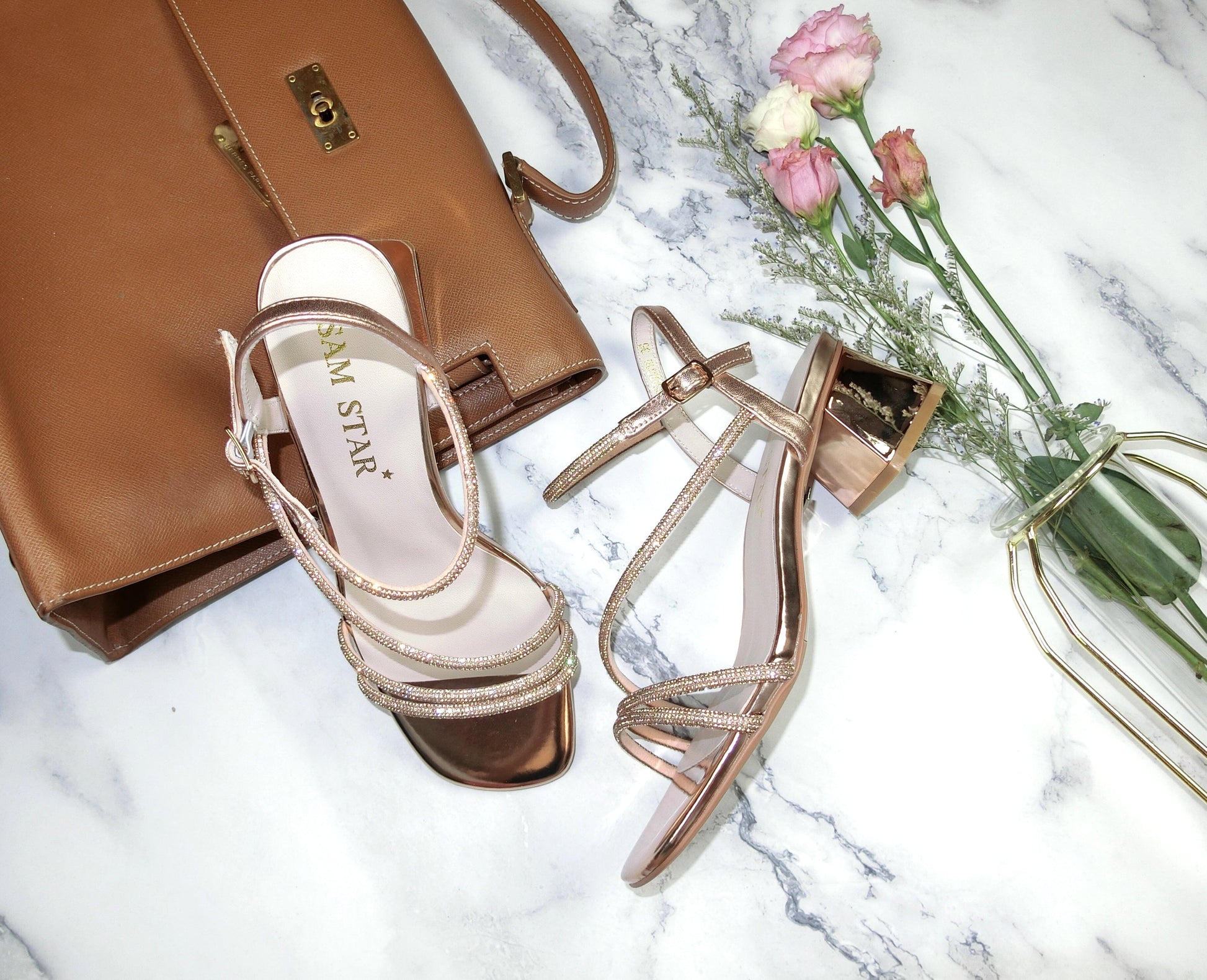 SS22010 Leather strappy rhinestone-embellished block heel sandals in Rosegold sandals Sam Star Shoes Rosegold 39/6 