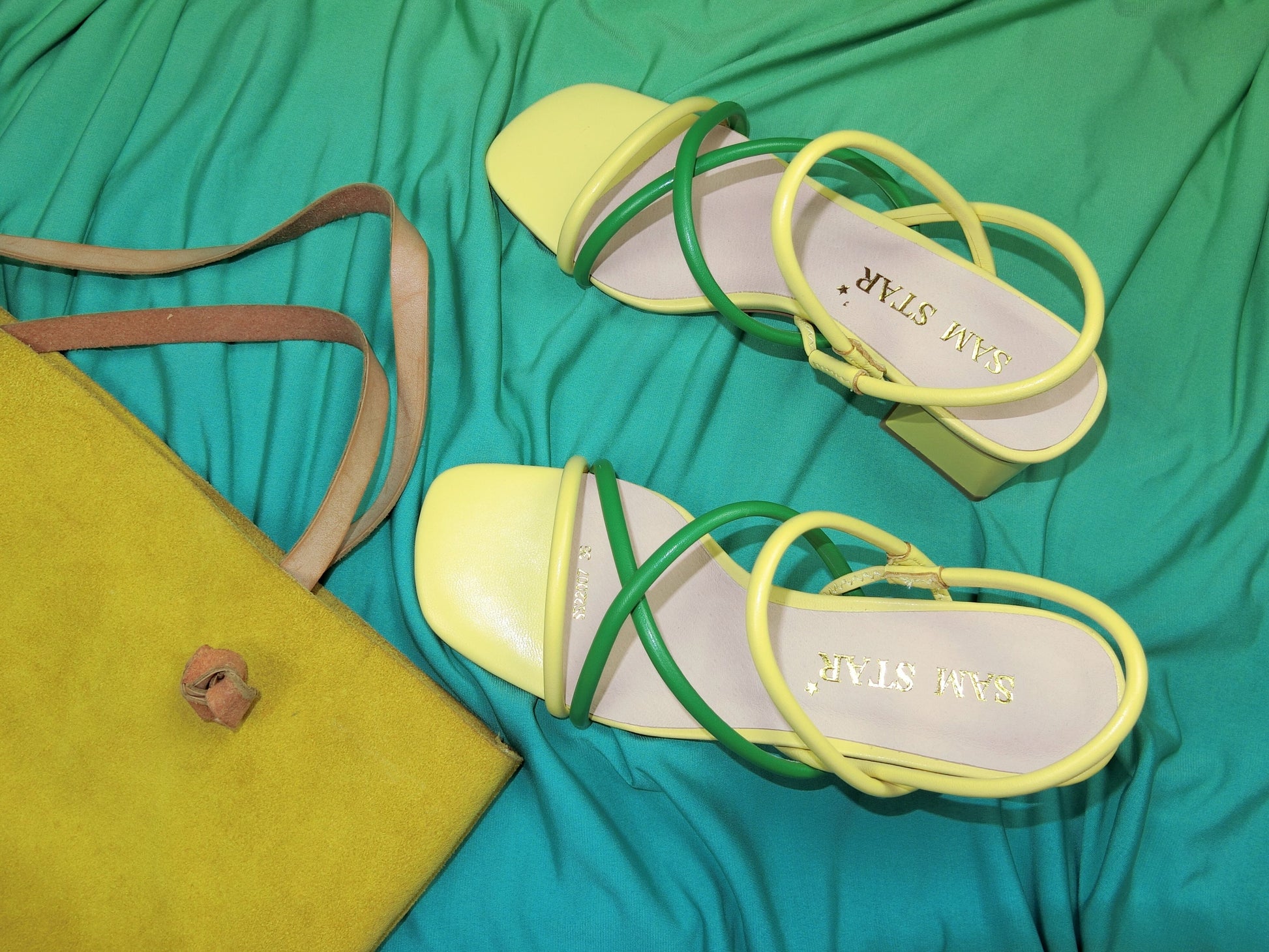 SS22008 Genuine leather strappy block heel sandals in Green and Yellow
