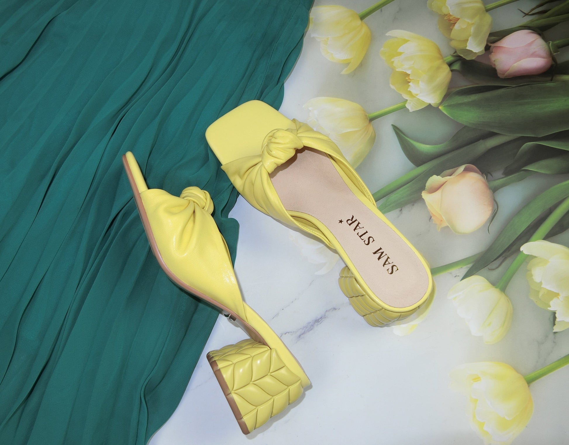 SS22014 Genuine leather bow tie block heel sandals in Yellow sandals Sam Star Shoes Yellow 40/7 