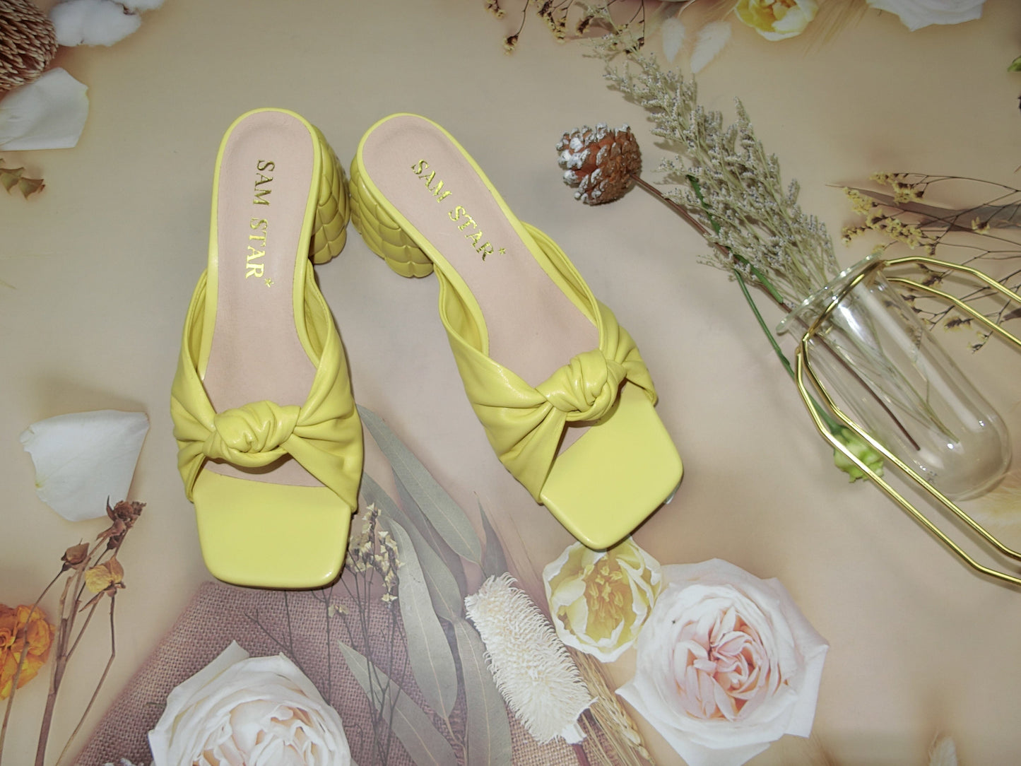 SS22014 Genuine leather bow tie block heel sandals in Yellow sandals Sam Star Shoes Yellow 39/6 