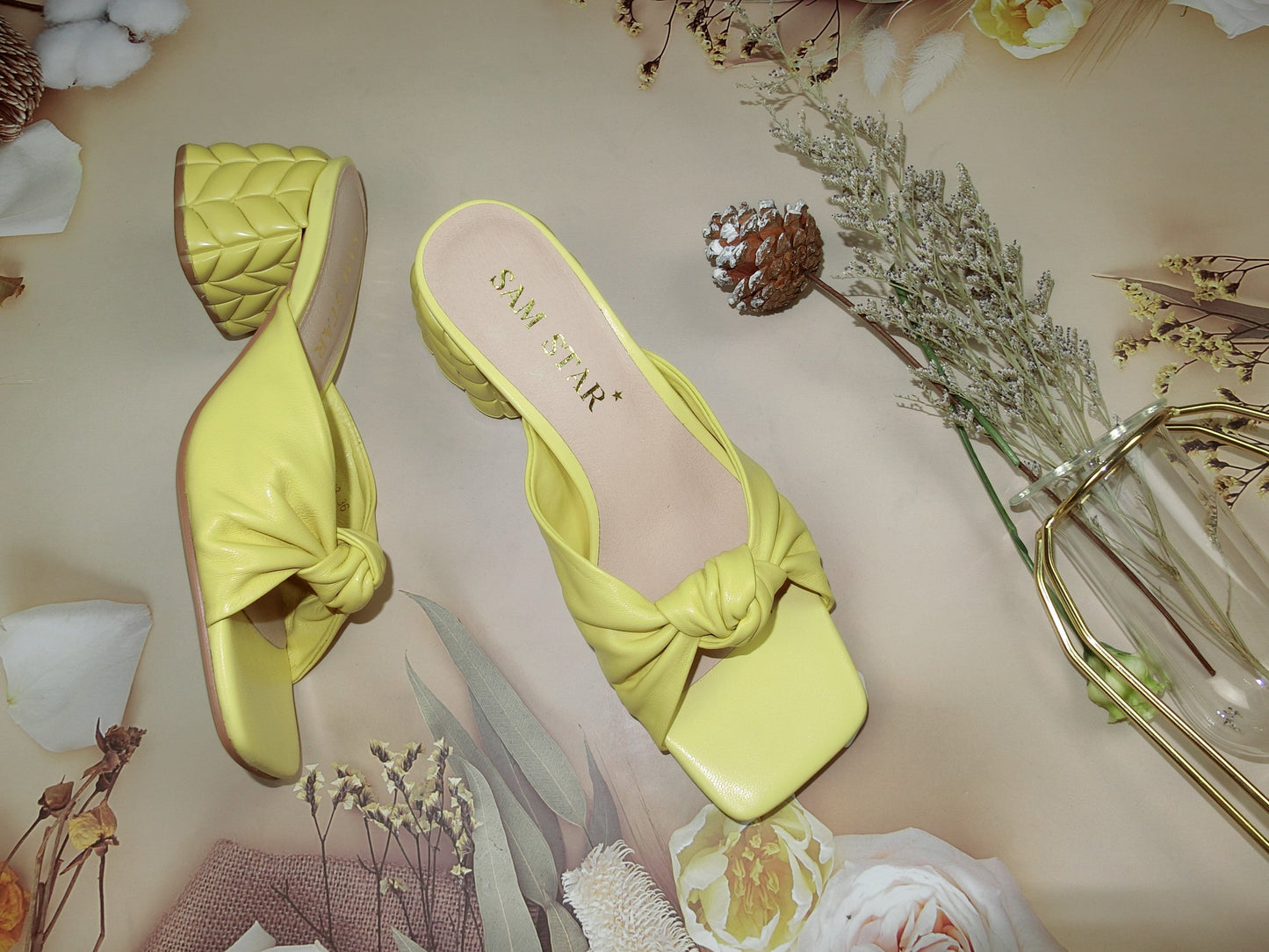 SS22014 Genuine leather bow tie block heel sandals in Yellow sandals Sam Star Shoes 