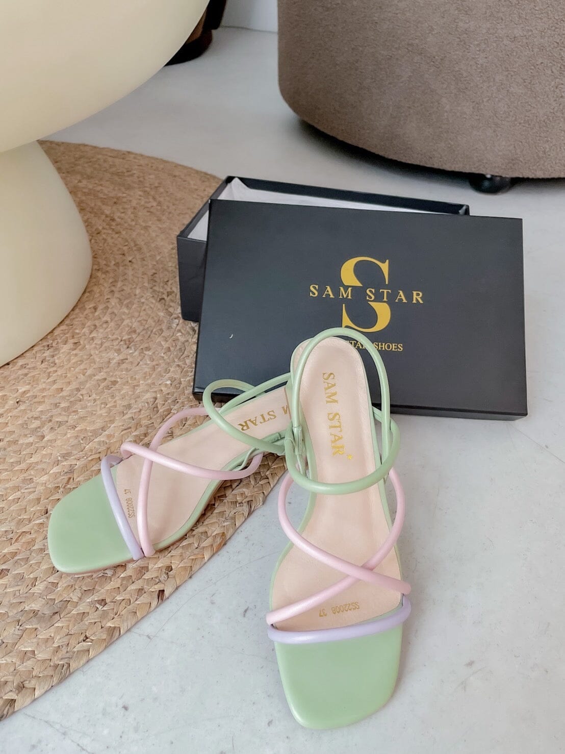 SS22007 Genuine leather strappy block heel sandals in mint, pink and lilac sandals Sam Star Shoes 