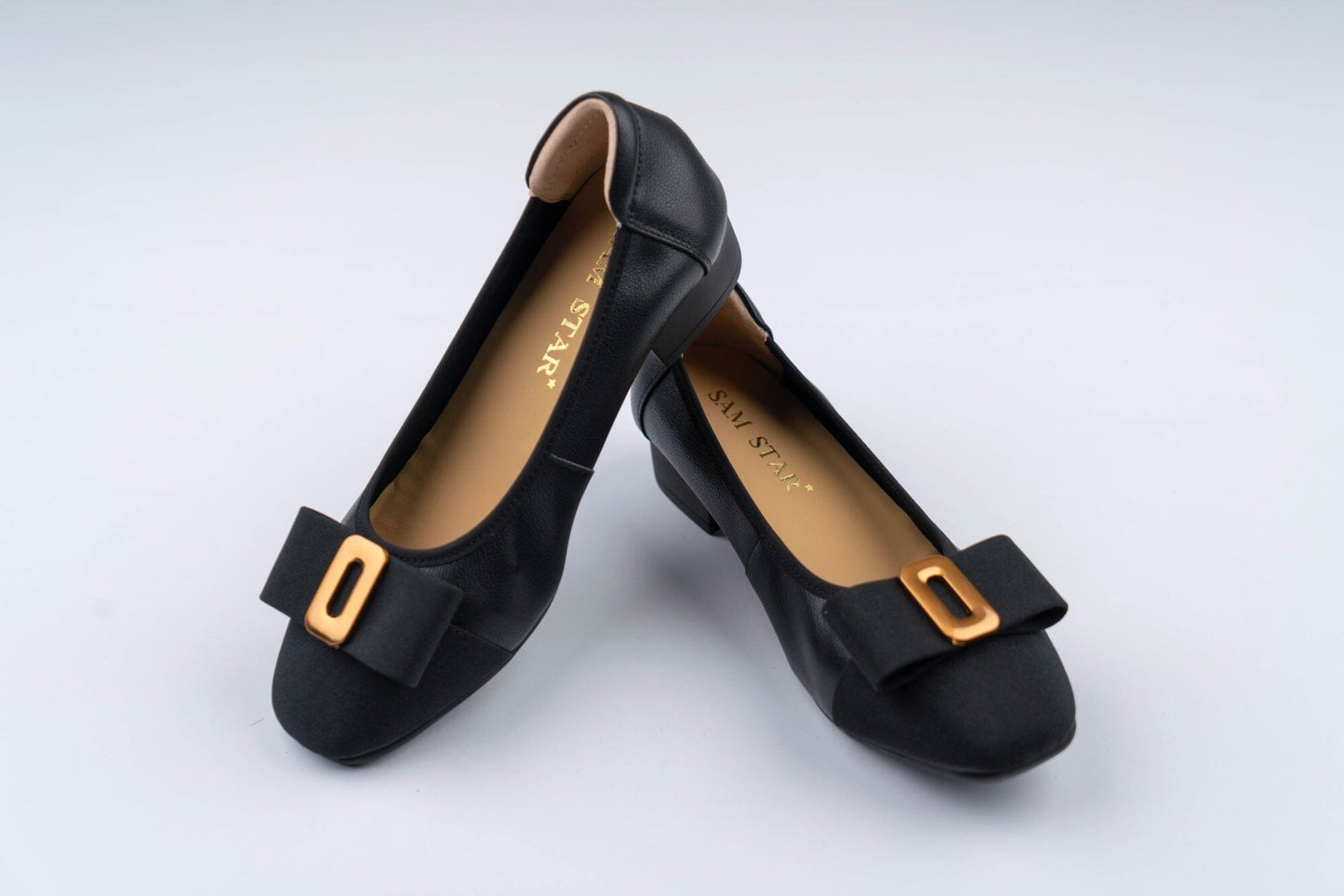 SS23002 Leather pumps with bow& gold buckle block heel ( new arrival ) Pumps Sam Star shoes Black 36/3 