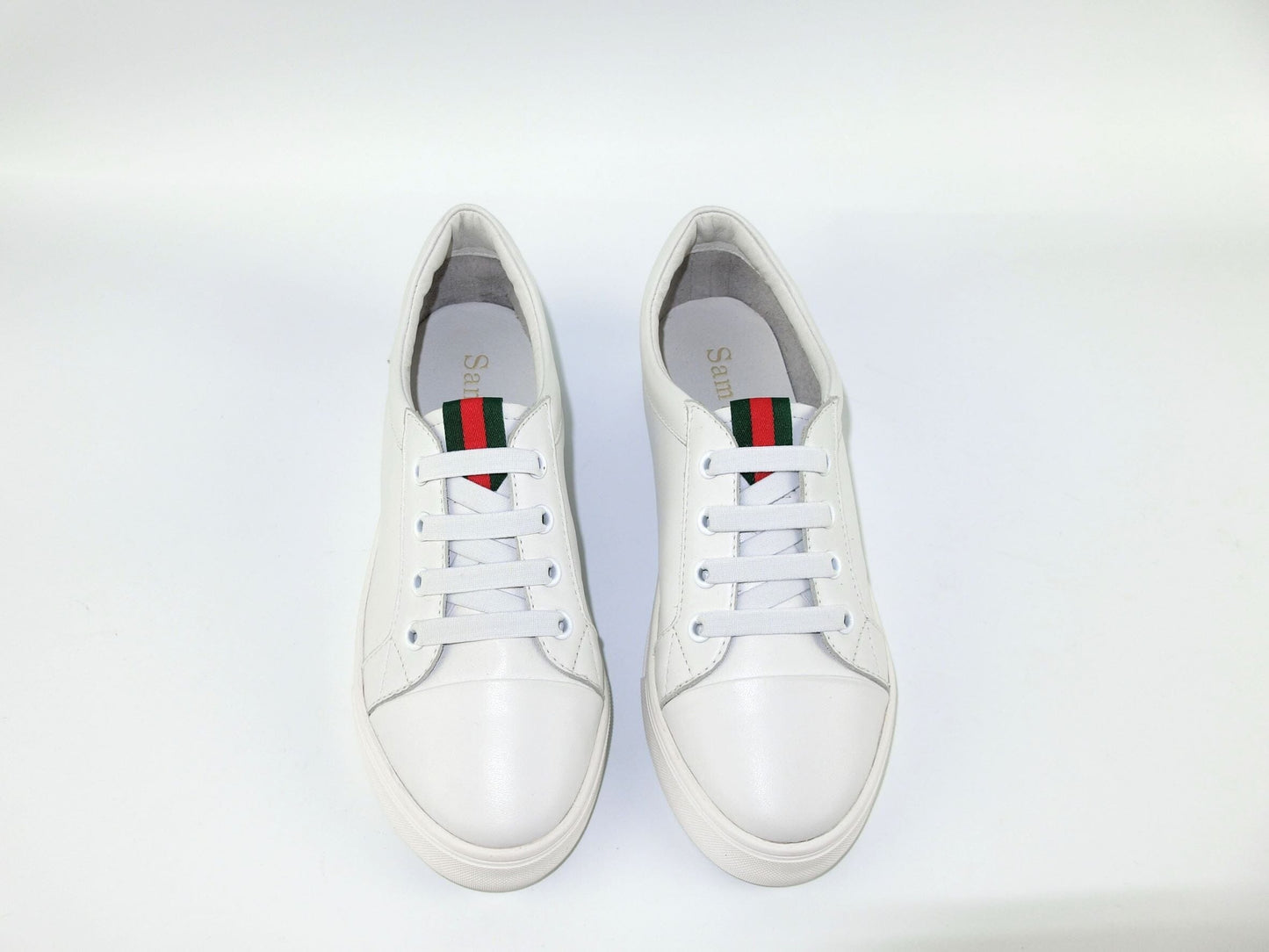 SS22004 Genuine leather sneakers with extra cushions - White with Green/Red ribbons sneakers Sam Star Shoes 
